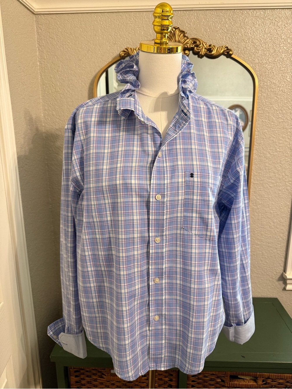 Izod Blue and White Plaid Women’s Ruffle Collar Button-Down Shirt